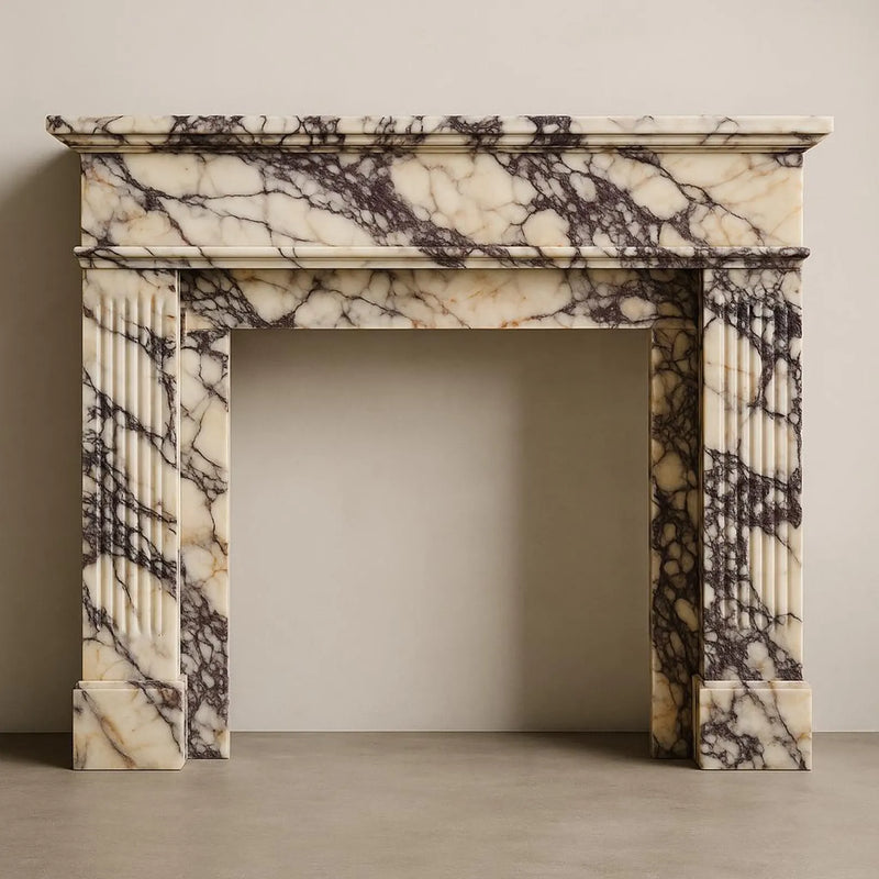Custom Calacatta Viola Marble Fireplace Mantel | Fluted Luxury Surround