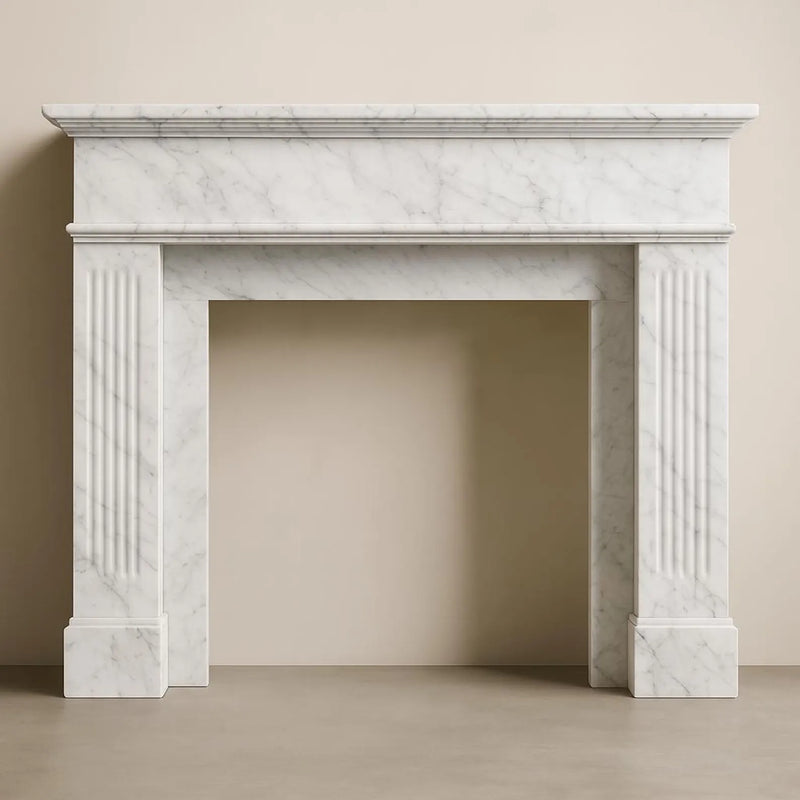 Custom Carrara White Marble Fireplace Mantel | Fluted Luxury Surround