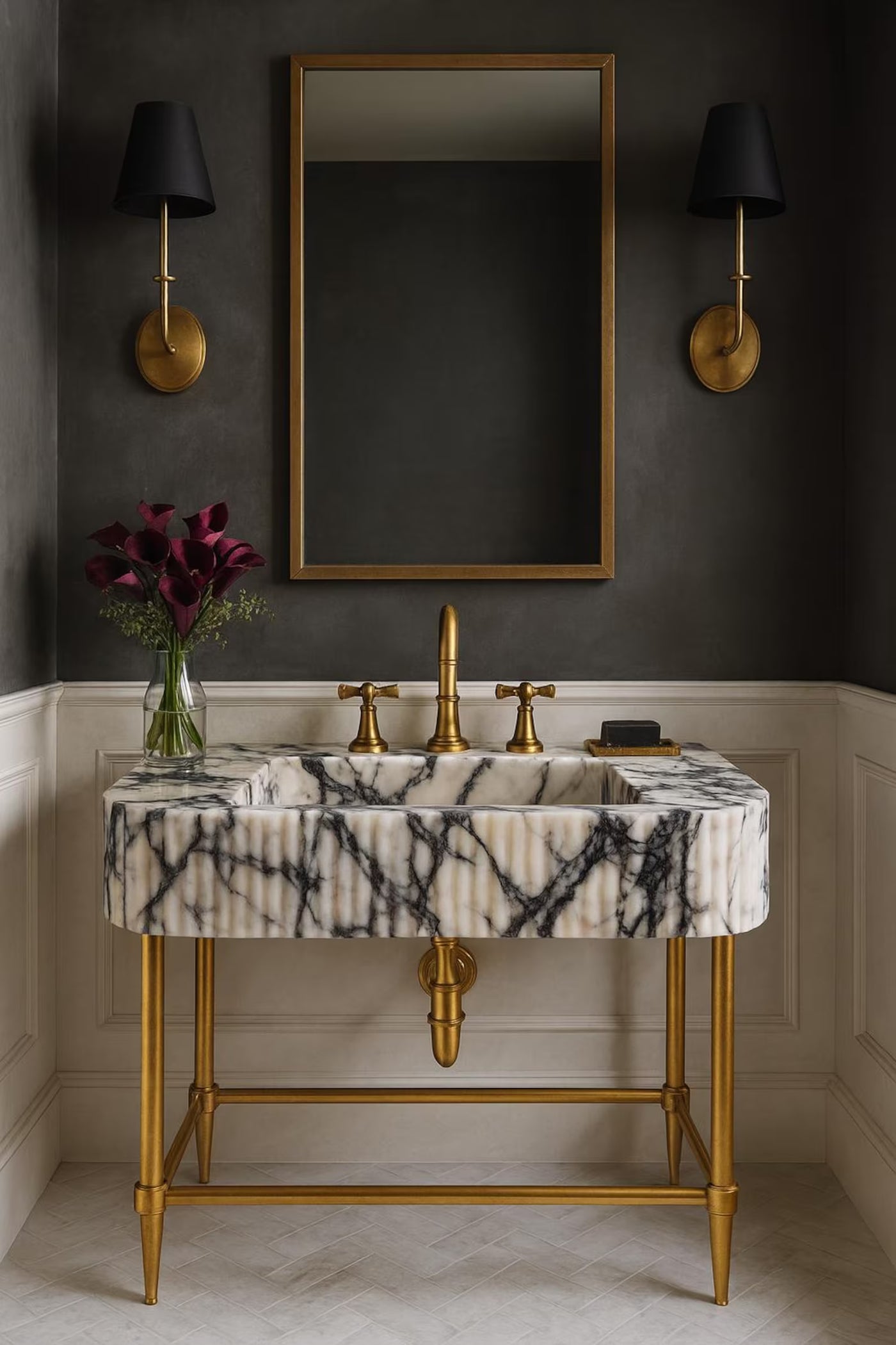 Custom Calacatta Viola Marble Sink Vanity with Brass Legs