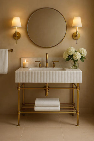 Carrara White Marble Vanity with Brass Legs and Metal Shelf