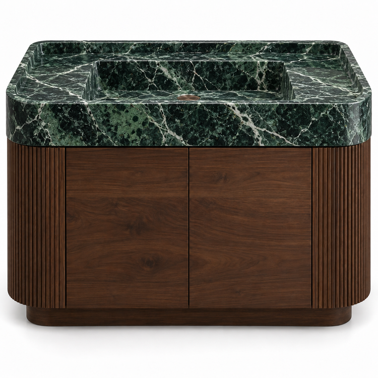 Verde Alpi integrated sink with curved dark walnut vanity and fluted sides, front view