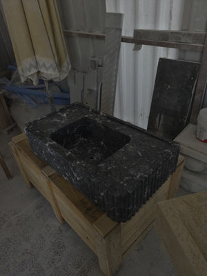 Fluted Black Nero Marquina Marble Sink | Custom Wall Mounted Vanity