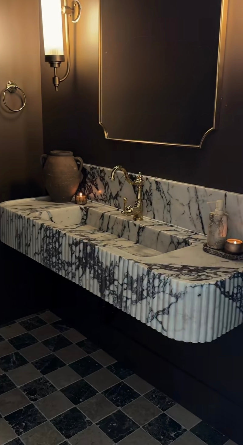 Custom Calacatta Viola Fluted Floating Marble Sink | Wall Mounted Vanity