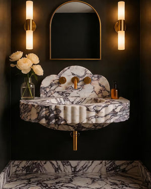 Italian Calacatta Viola Marble Sink, Designer Scalloped Bathroom Vanity
