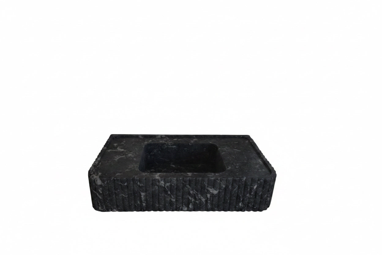 Fluted Black Nero Marquina Marble Sink | Custom Wall Mounted Vanity