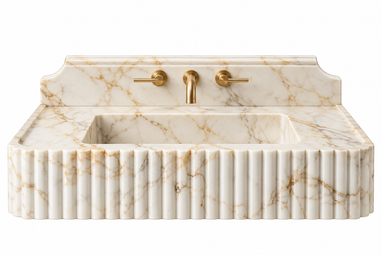 Custom Order for Rouzbeh | 40" Fluted Calacatta Gold Marble Sink with Wide Shoulder Backsplash