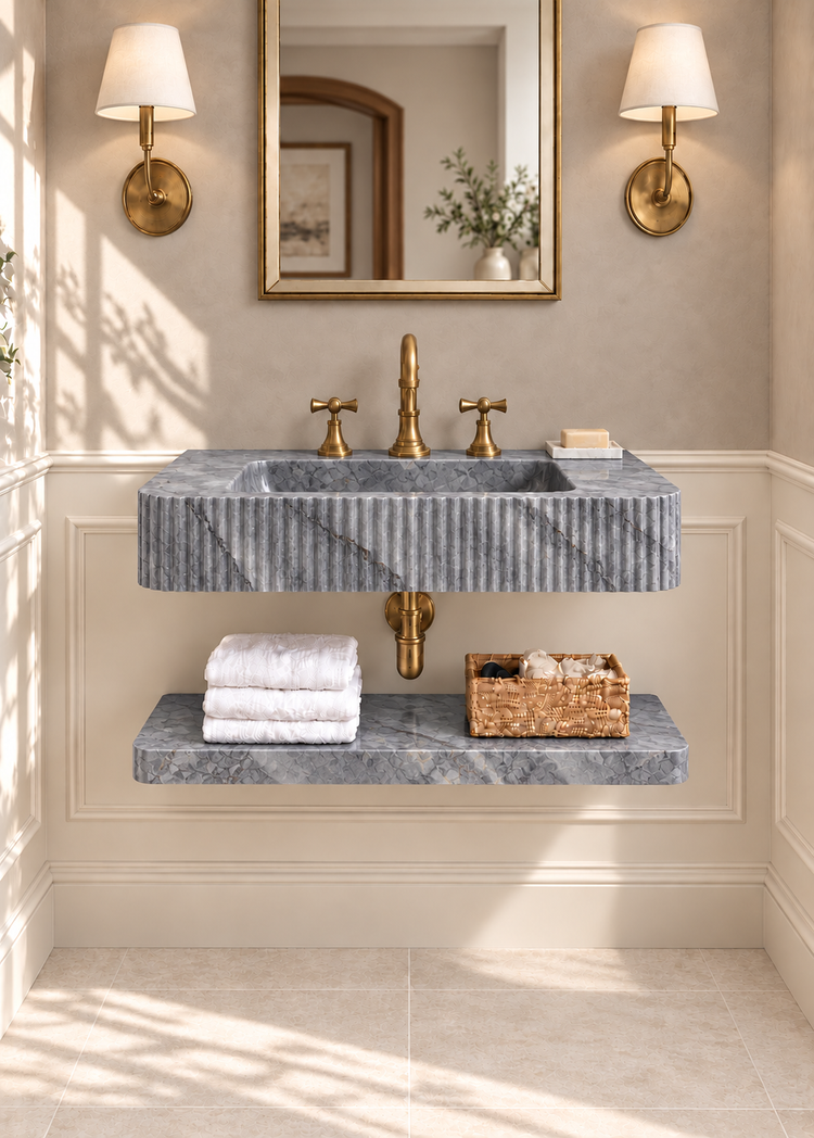 Bardiglio Grey Marble Floating Sink with Shelf by Vero Marble