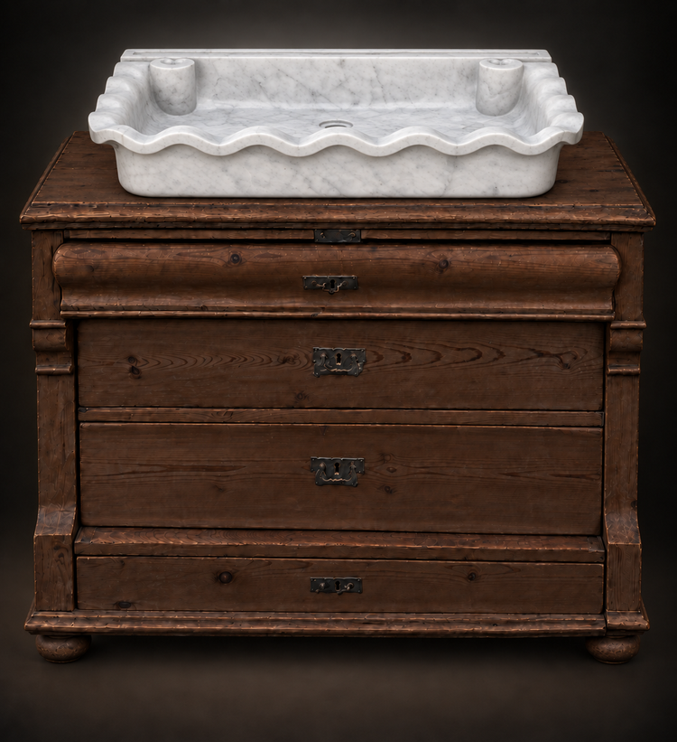 Antique-style Carrara marble scalloped vessel sink by Vero Marble