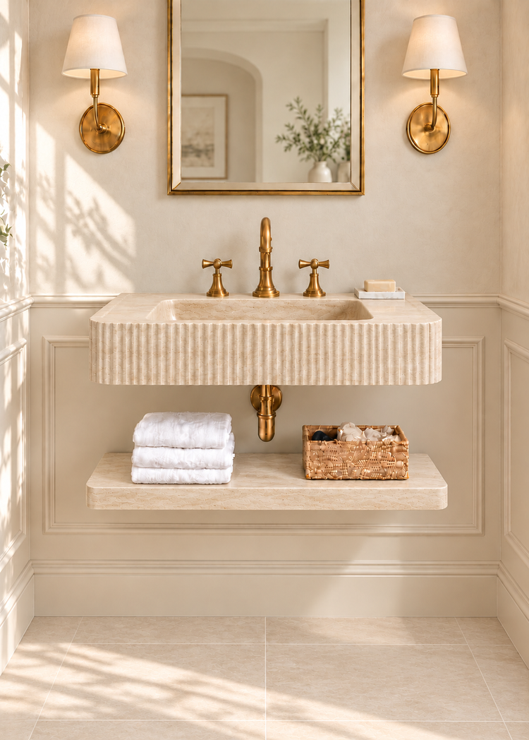 Natural Travertine Floating Sink with Shelf by Vero Marble
