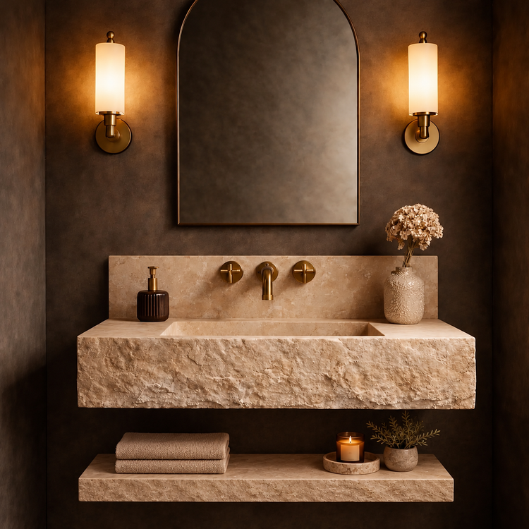 Travertine Stone Sink with Shelf and Backsplash by Vero Marble