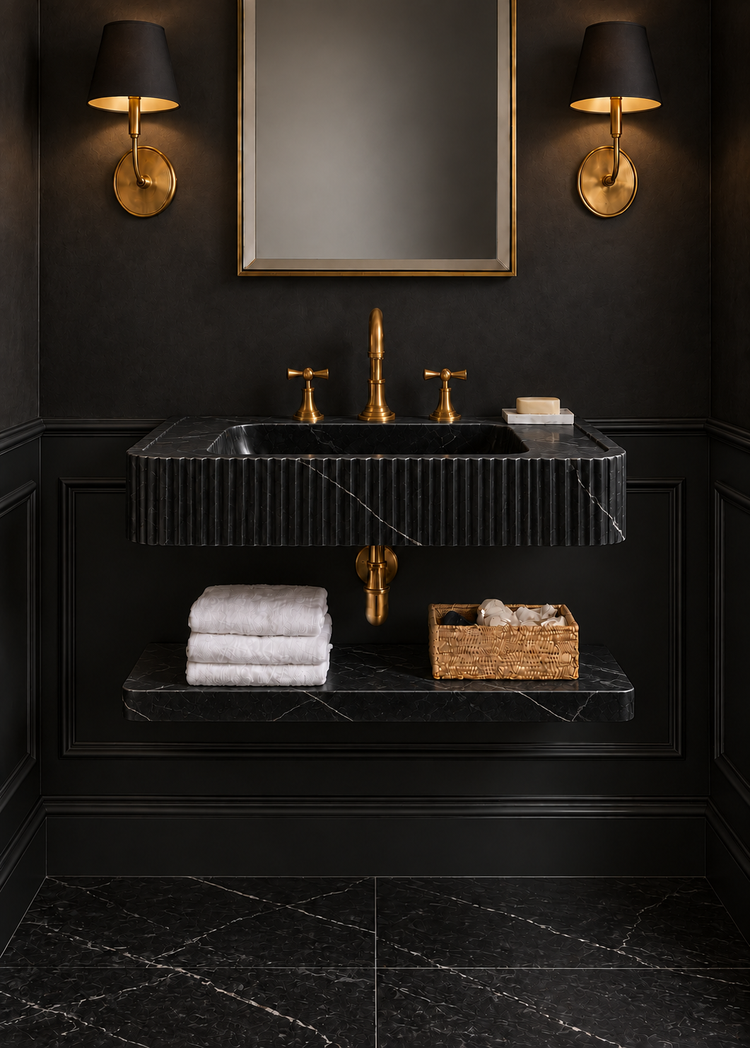 Nero Marquina Black Marble Sink with Shelf by Vero Marble