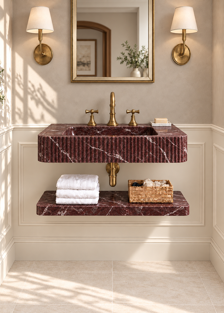 Rosso Levanto Marble Floating Sink with Shelf by Vero Marble