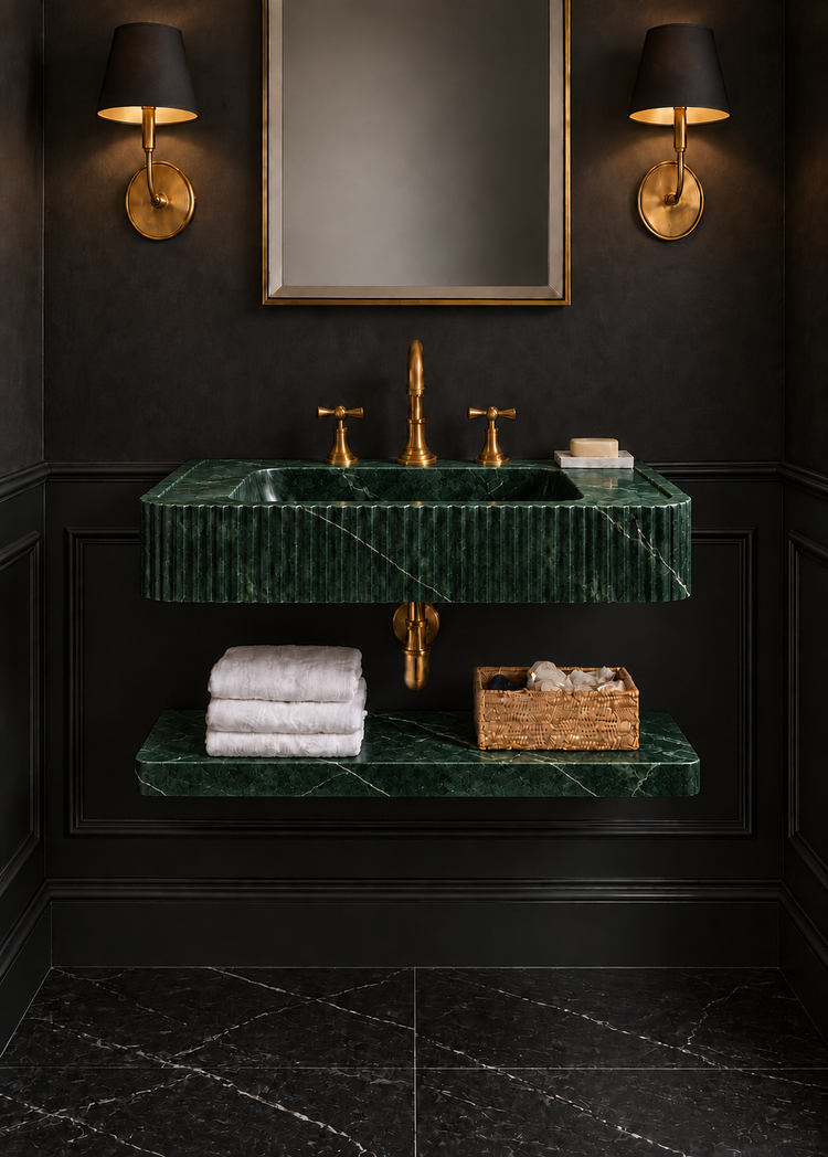 Verde Alpi Green Marble Floating Sink with Shelf by Vero Marble