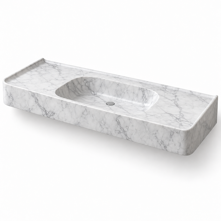 Ala Carrara Winged Basin Floating Marble Sink, three-quarter view on white, design rendering