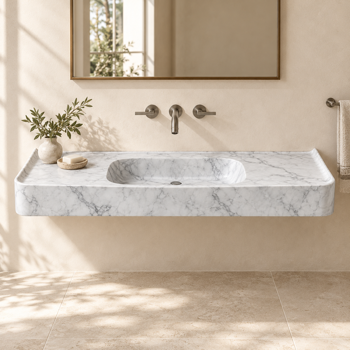 Ala Carrara Winged Basin Floating Marble Sink, styled bathroom view, design rendering