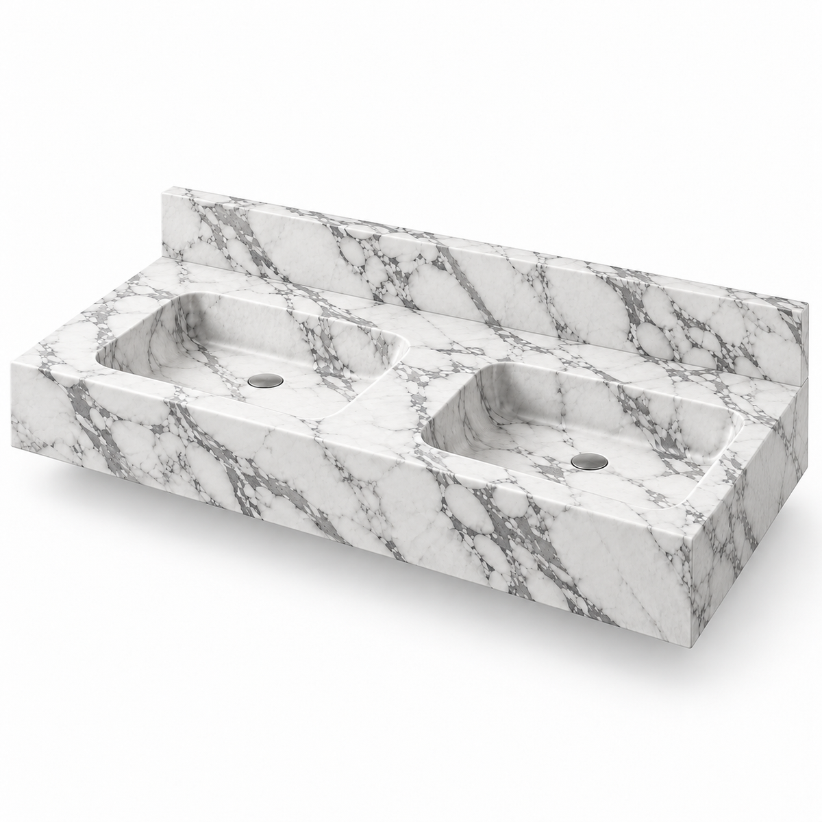 Aperture Arabescato Double Basin Floating Marble Sink, three-quarter view on white, design rendering