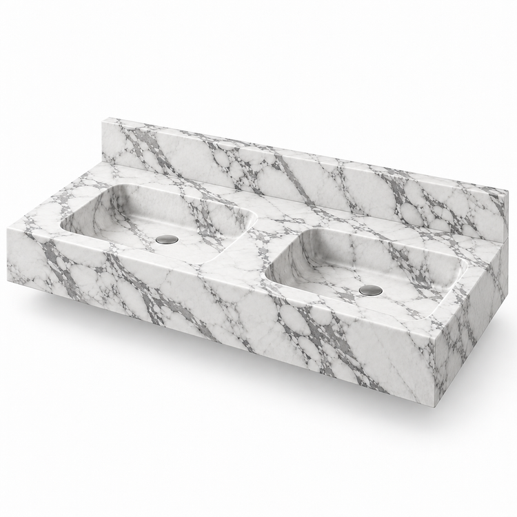 Aperture Arabescato Double Basin Floating Marble Sink, three-quarter view on white, design rendering