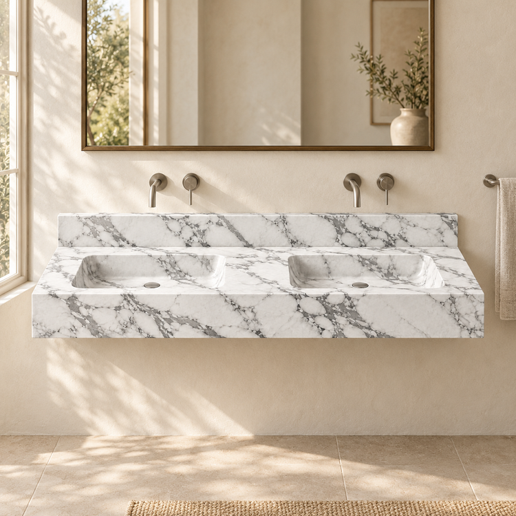 Aperture Arabescato Double Basin Floating Marble Sink, styled bathroom view, design rendering