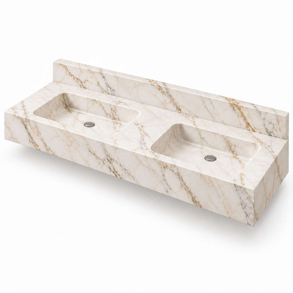 Aperture Calacatta Gold Double Basin Floating Marble Sink, three-quarter view on white, design rendering