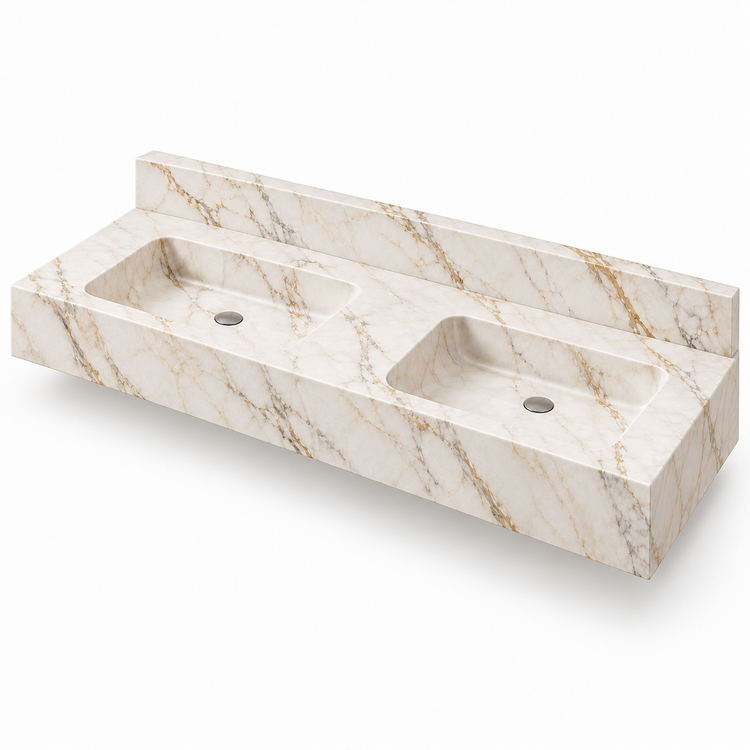 Aperture Calacatta Gold Double Basin Floating Marble Sink, three-quarter view on white, design rendering