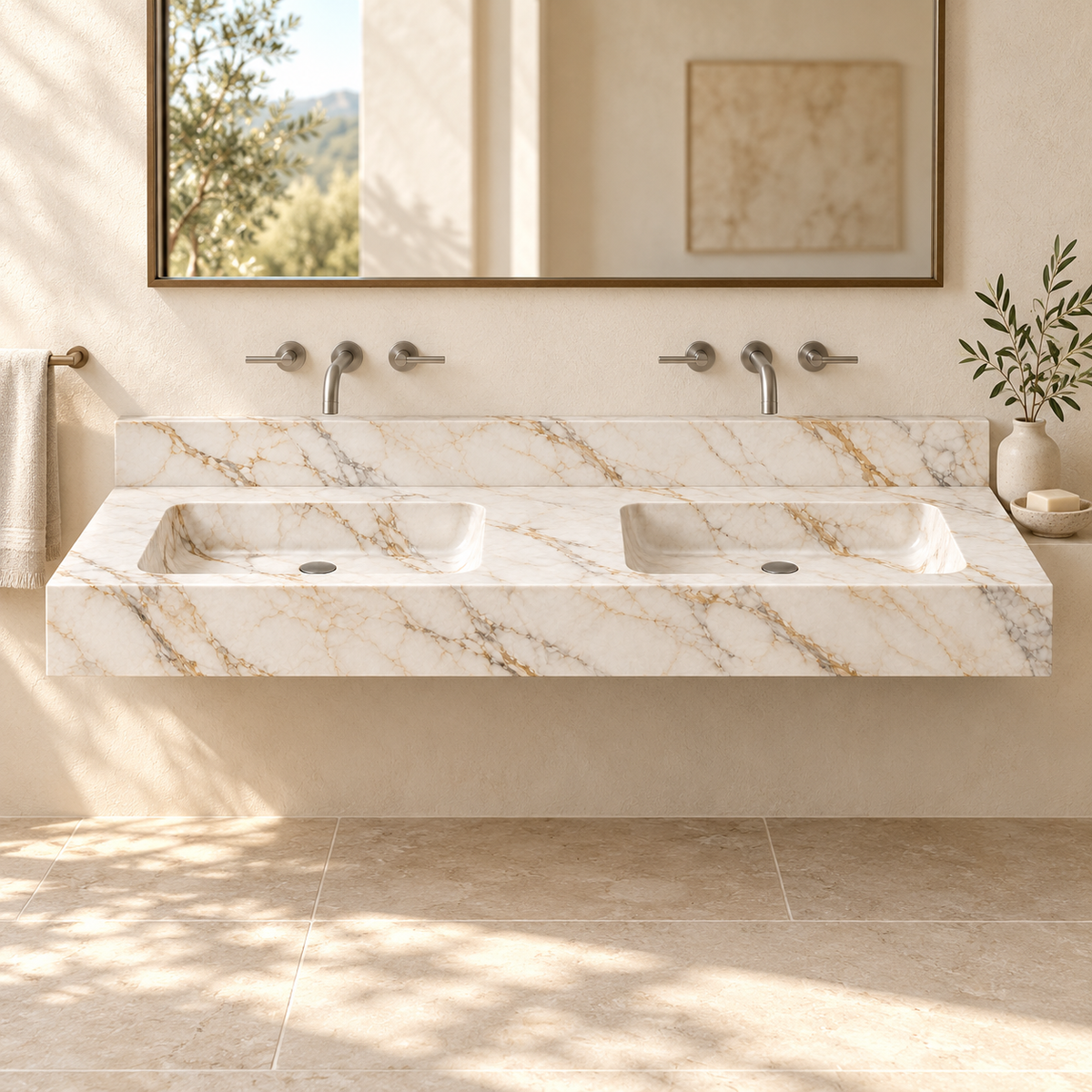 Aperture Calacatta Gold Double Basin Floating Marble Sink, styled bathroom view, design rendering