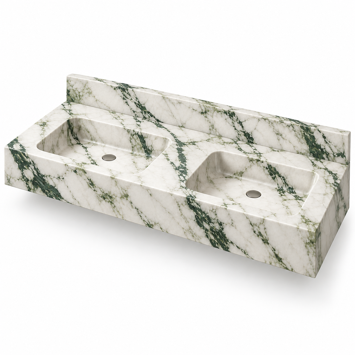 Aperture Calacatta Green Double Basin Floating Marble Sink, three-quarter view on white, design rendering