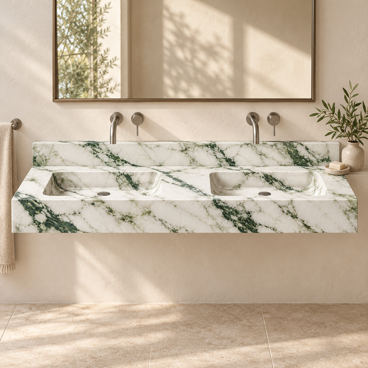 Aperture Calacatta Green Double Basin Floating Marble Sink, styled bathroom view, design rendering