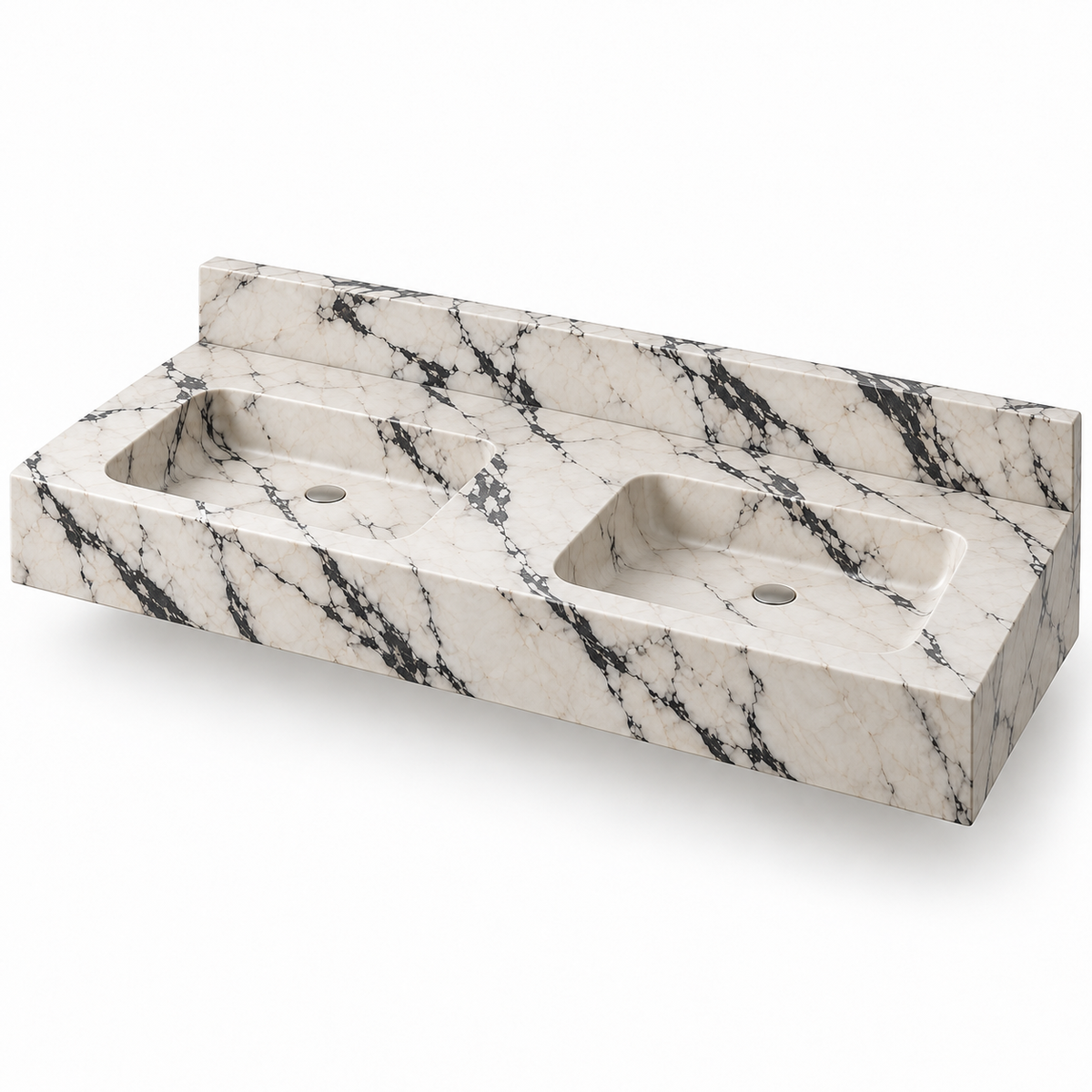 Aperture Calacatta Viola Double Basin Floating Marble Sink, three-quarter view on white, design rendering