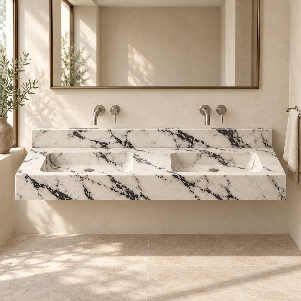 Aperture Calacatta Viola Double Basin Floating Marble Sink, styled bathroom view, design rendering