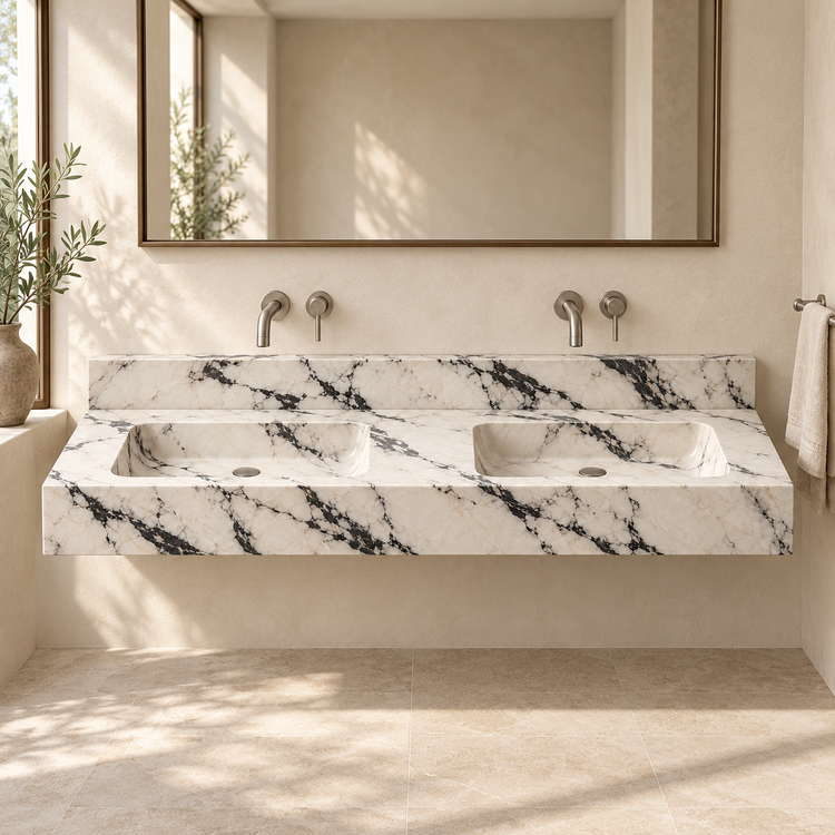 Aperture Calacatta Viola Double Basin Floating Marble Sink, styled bathroom view, design rendering