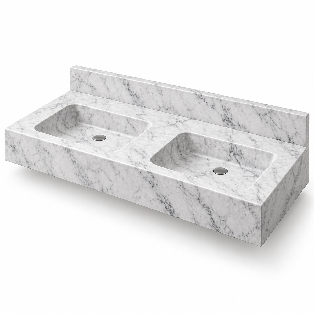 Aperture Carrara Double Basin Floating Marble Sink, three-quarter view on white, design rendering