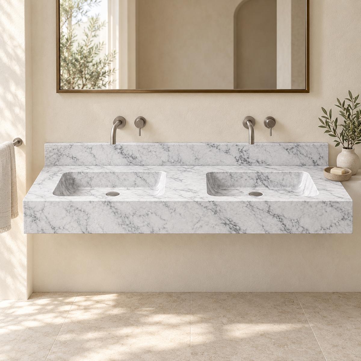 Aperture Carrara Double Basin Floating Marble Sink, styled bathroom view, design rendering