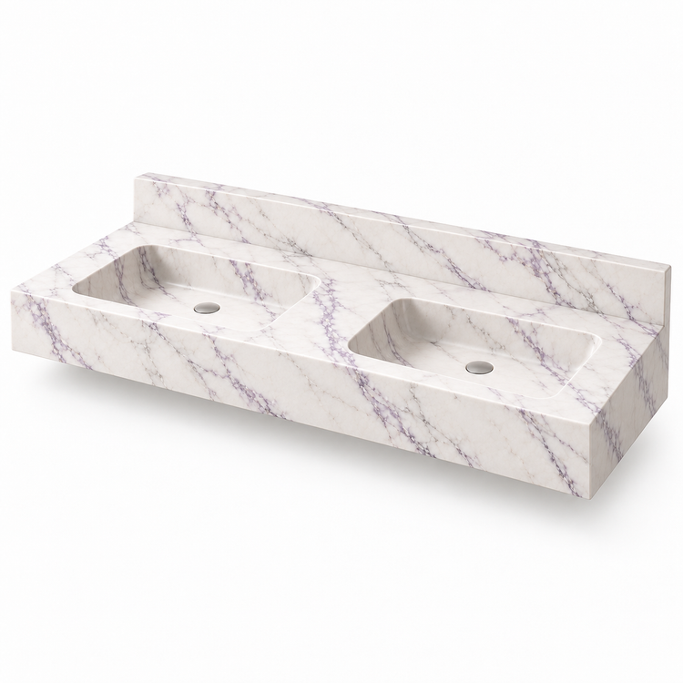 Aperture Lilac Double Basin Floating Marble Sink, three-quarter view on white, design rendering