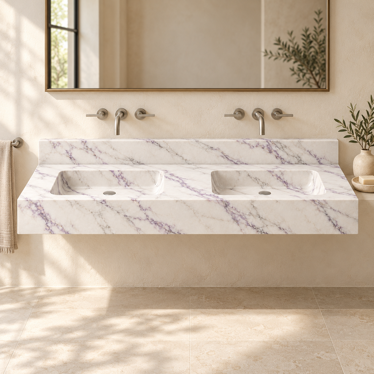 Aperture Lilac Double Basin Floating Marble Sink, styled bathroom view, design rendering