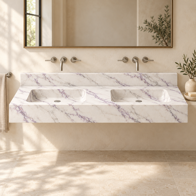 Aperture Lilac Double Basin Floating Marble Sink, styled bathroom view, design rendering