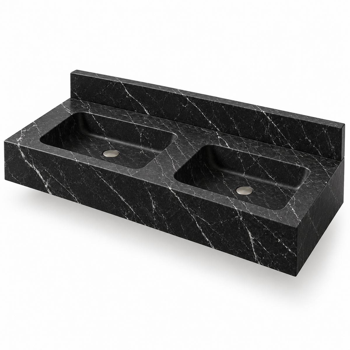 Aperture Nero Marquina Double Basin Floating Marble Sink, three-quarter view on white, design rendering