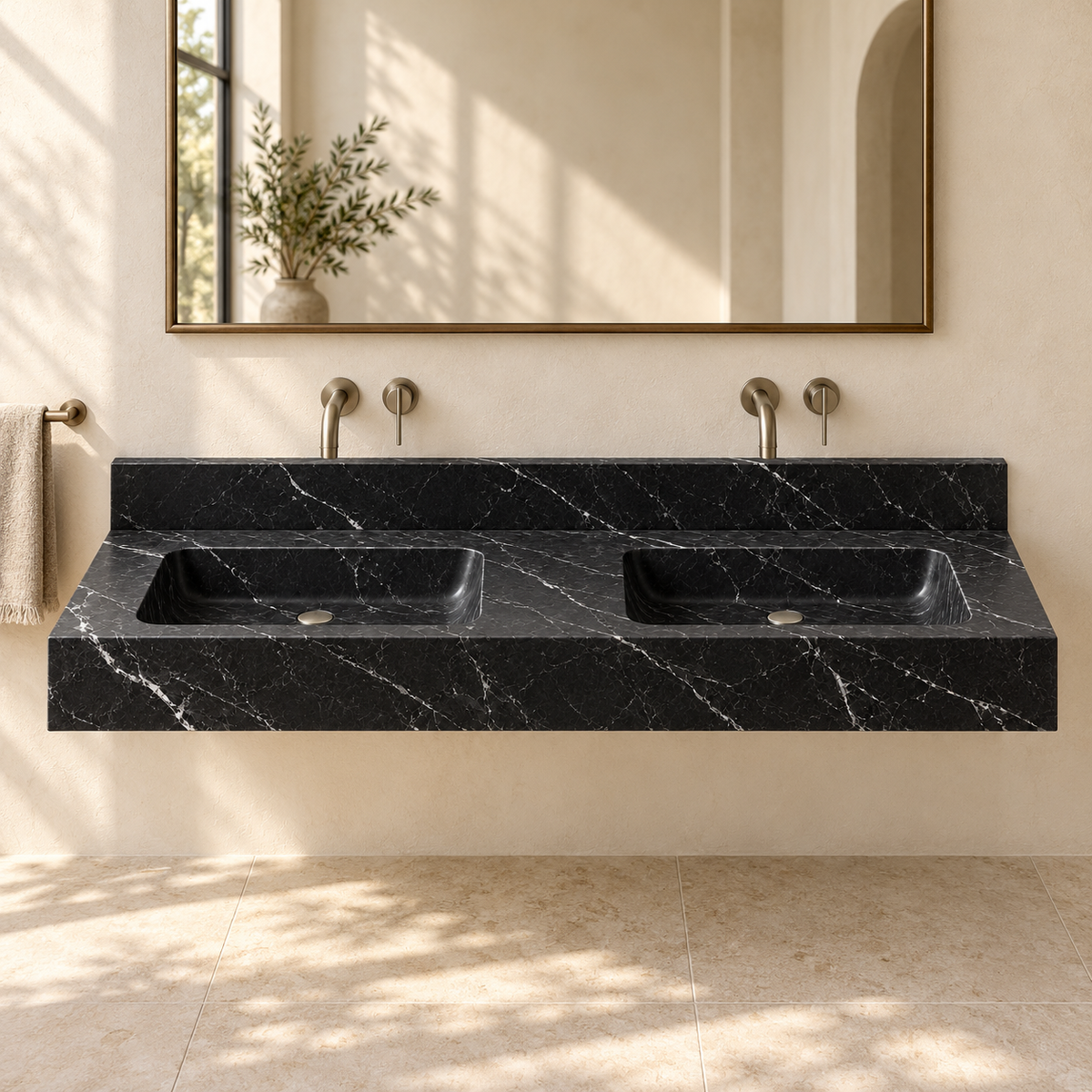 Aperture Nero Marquina Double Basin Floating Marble Sink, styled bathroom view, design rendering