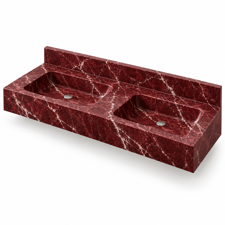 Aperture Rosso Levanto Double Basin Floating Marble Sink, three-quarter view on white, design rendering