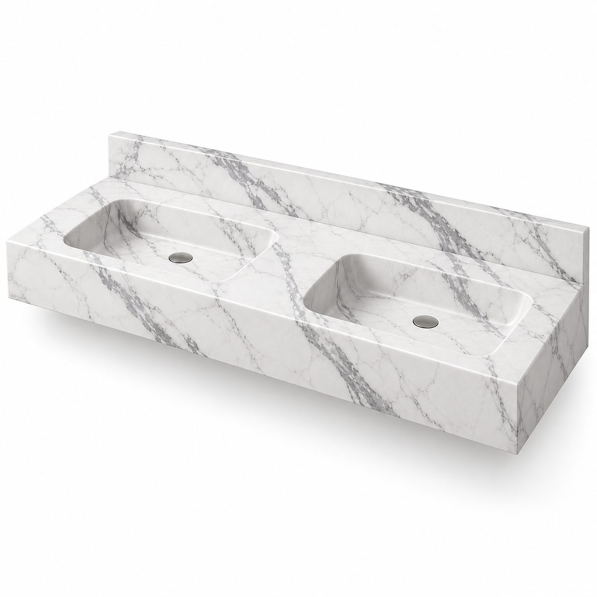 Aperture Statuario Double Basin Floating Marble Sink, three-quarter view on white, design rendering