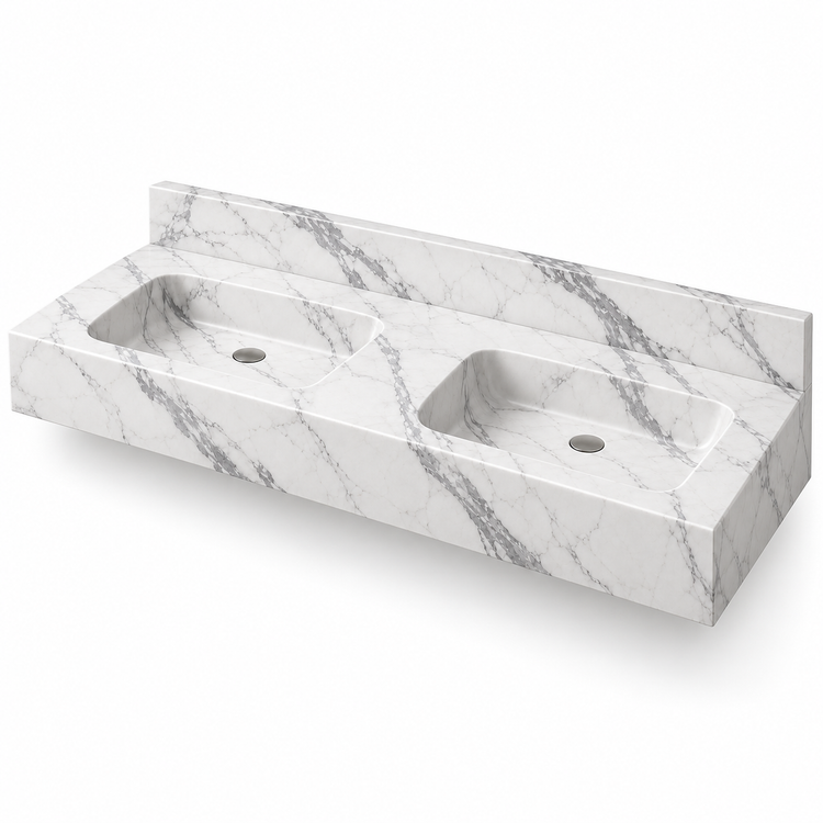 Aperture Statuario Double Basin Floating Marble Sink, three-quarter view on white, design rendering