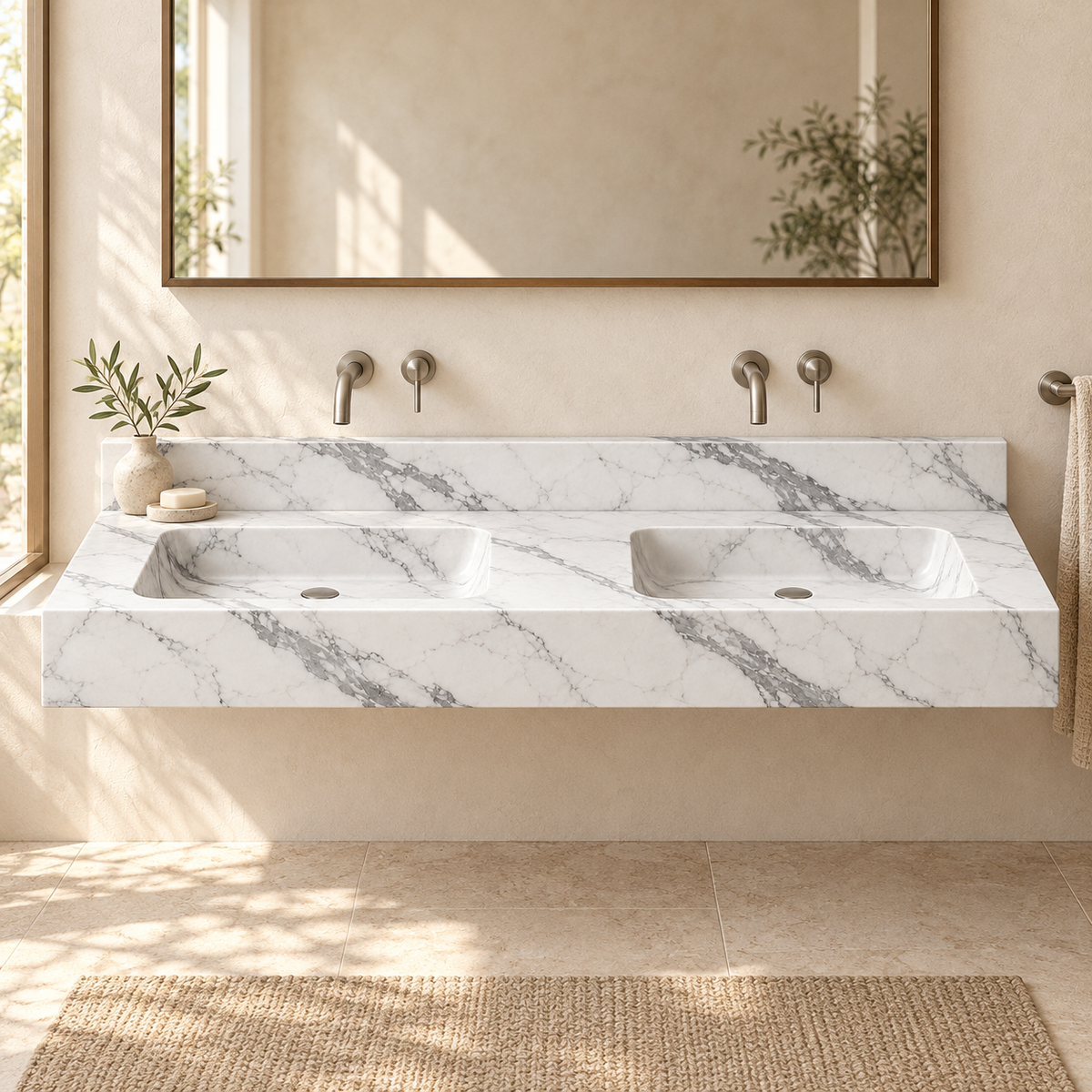 Aperture Statuario Double Basin Floating Marble Sink, styled bathroom view, design rendering