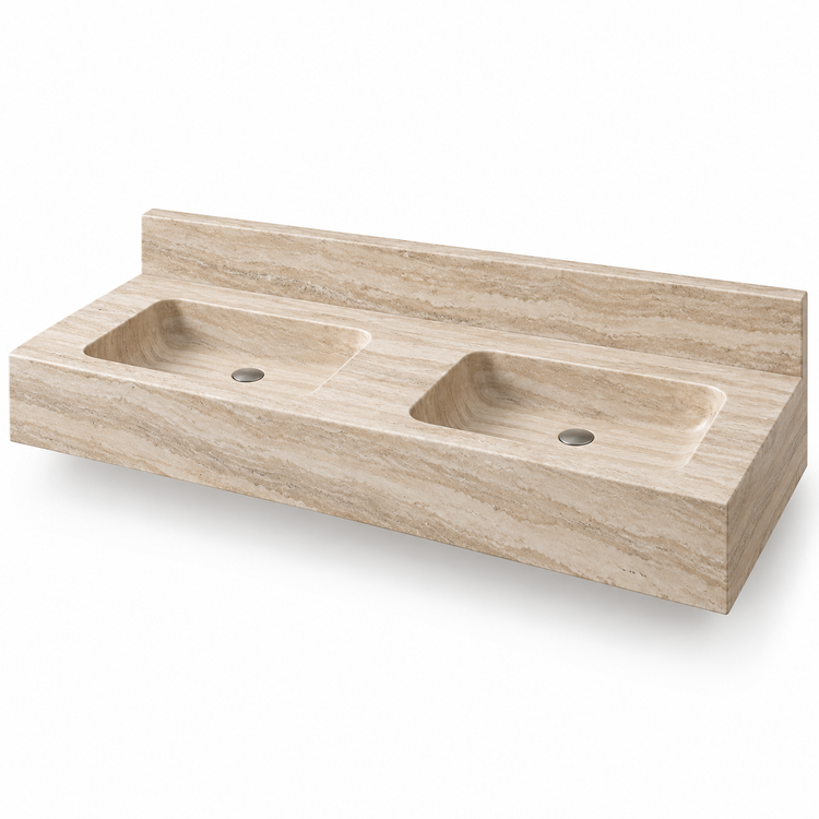 Aperture Travertine Double Basin Floating Stone Sink, three-quarter view on white, design rendering