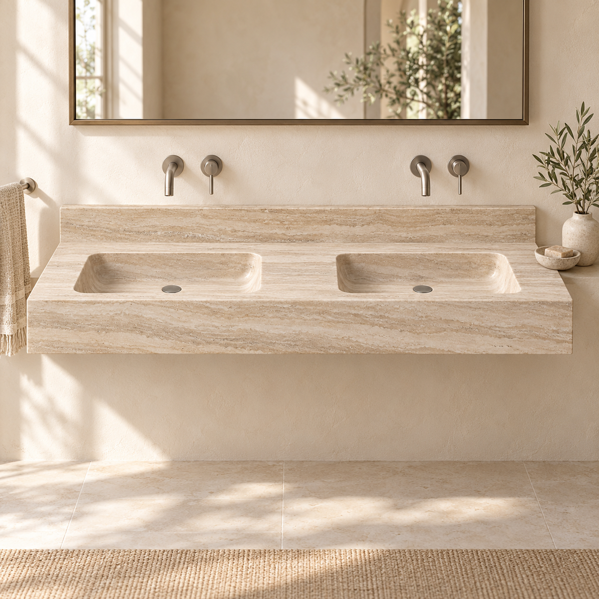 Aperture Travertine Double Basin Floating Stone Sink, styled bathroom view, design rendering
