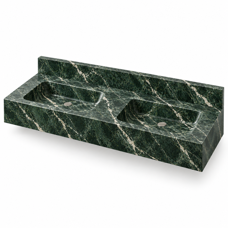 Aperture Verde Alpi Double Basin Floating Marble Sink, three-quarter view on white, design rendering