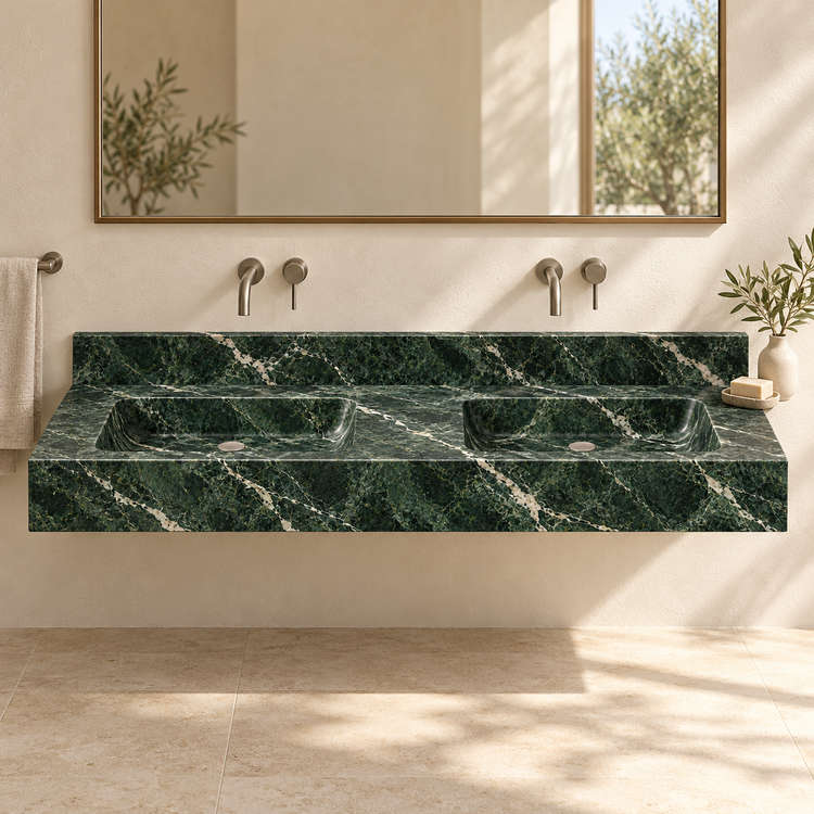 Aperture Verde Alpi Double Basin Floating Marble Sink, styled bathroom view, design rendering