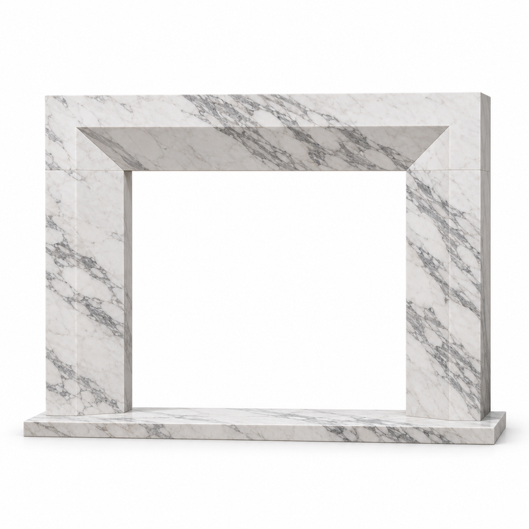 Arabescato Chamfered Frame Marble Fireplace Surround with Hearth on white background