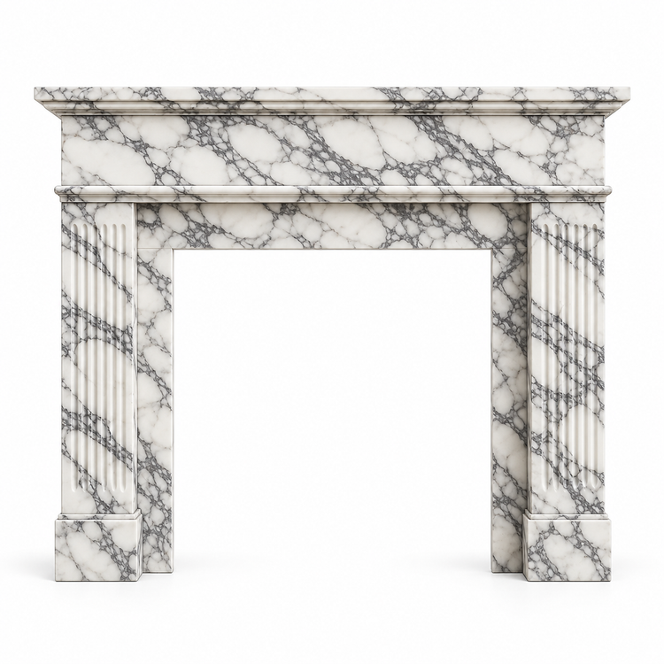 Arabescato Classic Fluted Marble Fireplace Mantel on white background