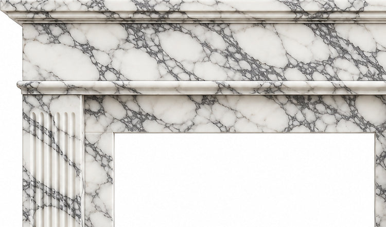 Arabescato Classic Fluted Marble Fireplace Mantel - upper mantel and carved profile detail