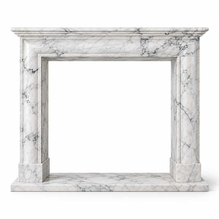 Arabescato Classic Shelf Bolection Marble Fireplace Mantel with Hearth on white background
