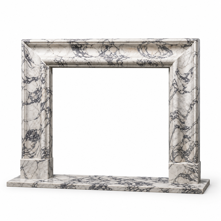 Arabescato Coved Frame Marble Fireplace Mantel with Hearth on white background